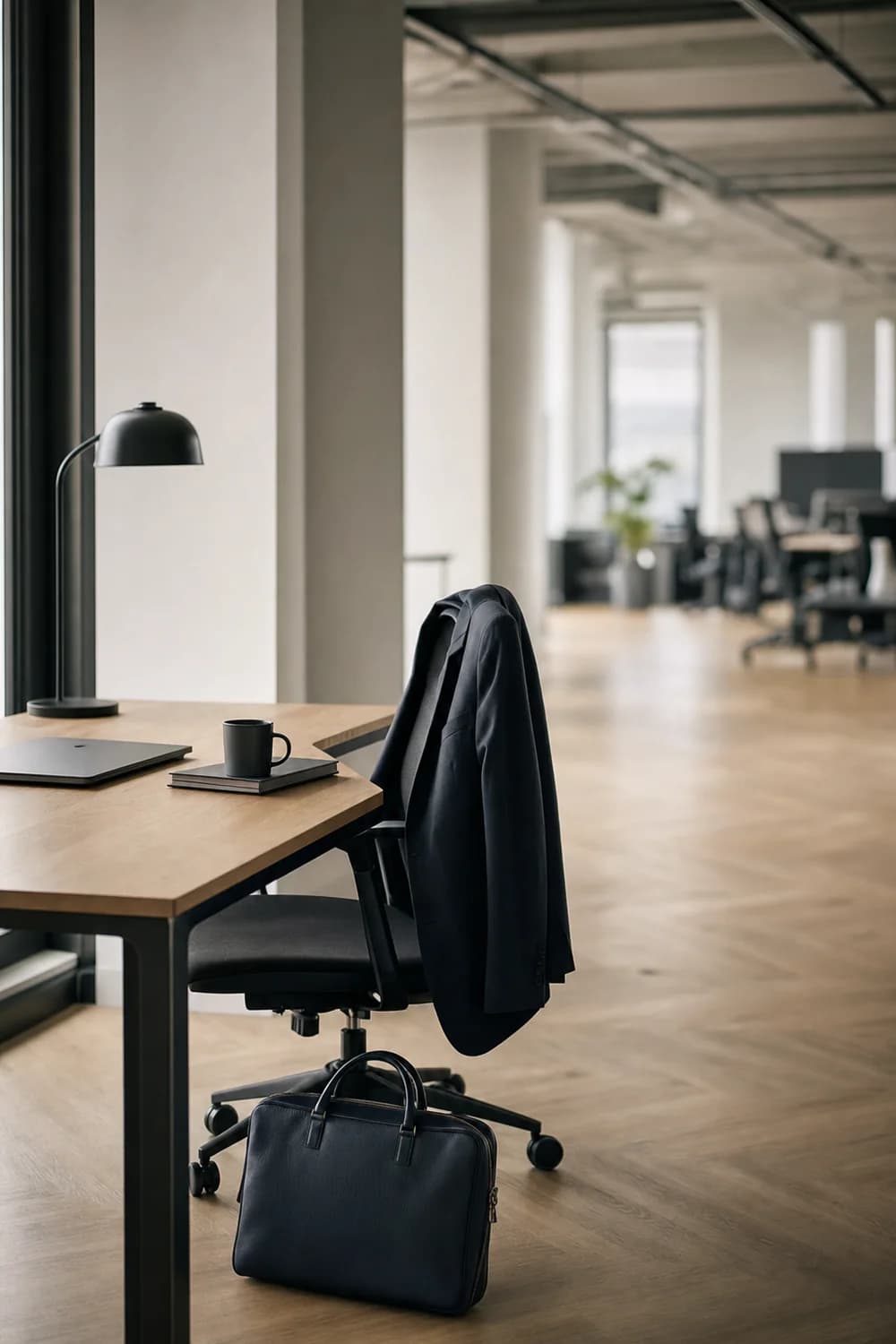 A desk set up for a visiting consultant, coat over the chair and a laptop bag beside it