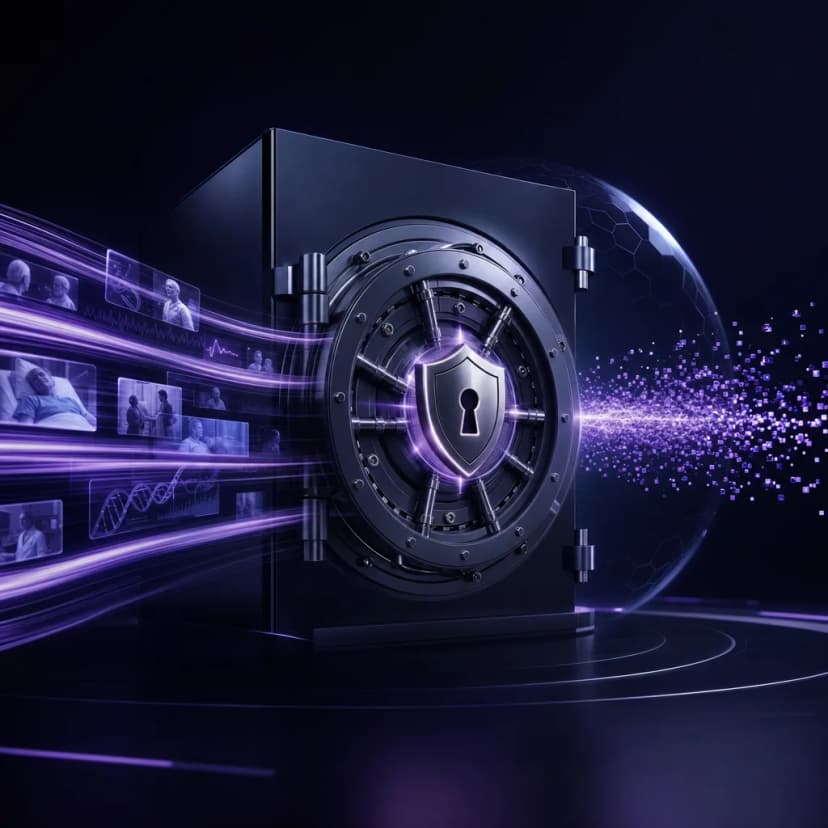 Protected patient data flowing into an encrypted vault illustrating ADHICS health information privacy safeguards