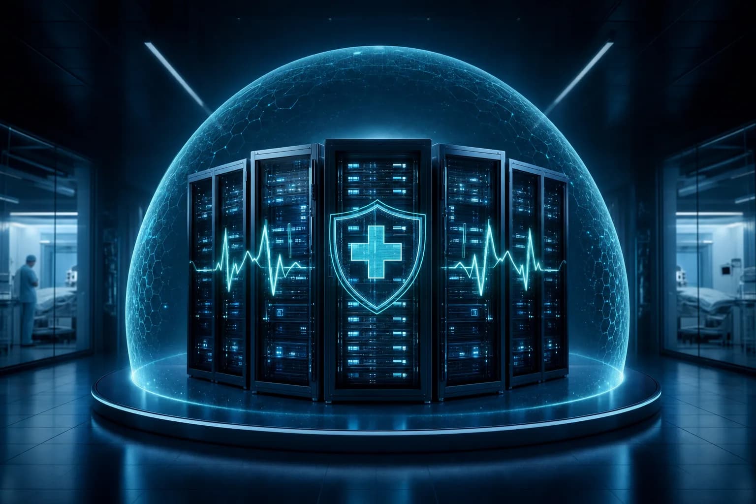 Secure hospital data center safeguarding electronic medical records under ADHICS healthcare data protection requirements