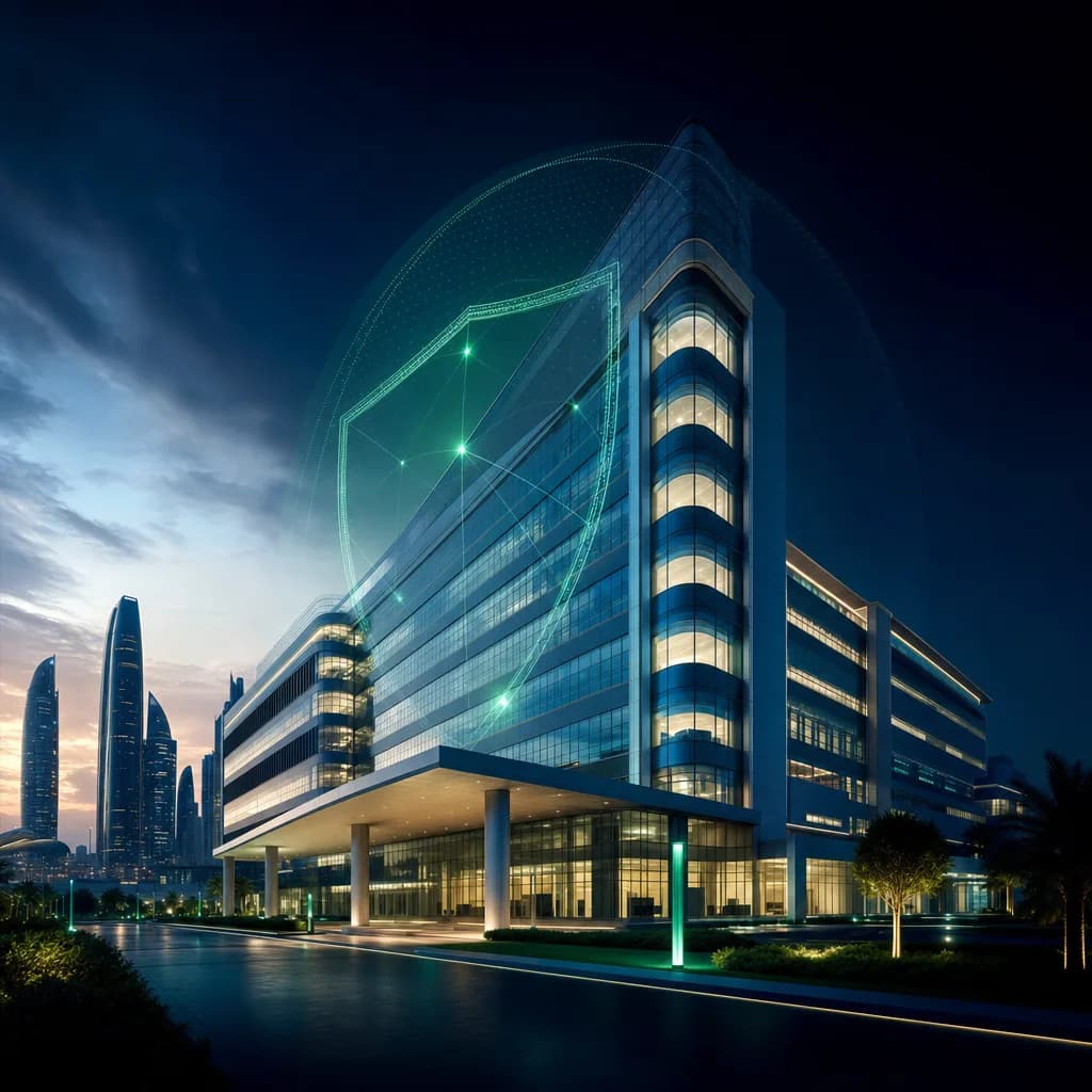 Modern Abu Dhabi hospital secured with a digital protection grid for ADHICS compliance