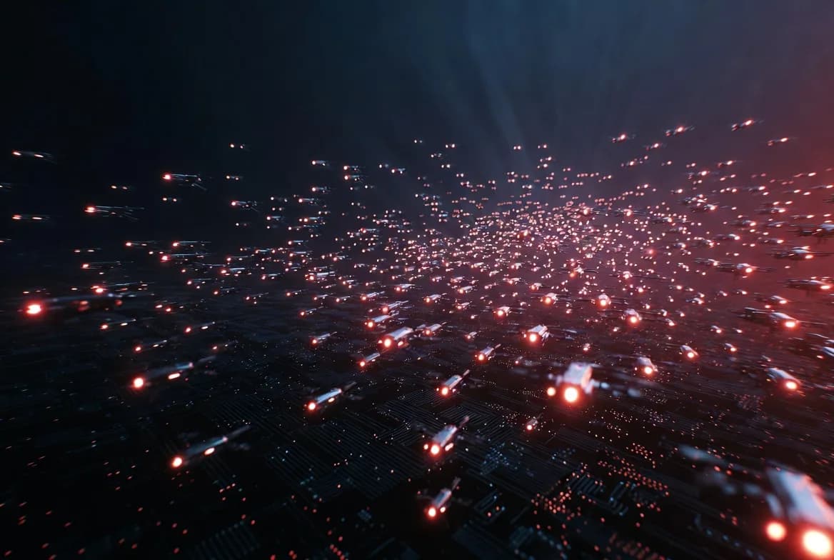 A swarm of autonomous attacker agents moving at machine speed through a data grid