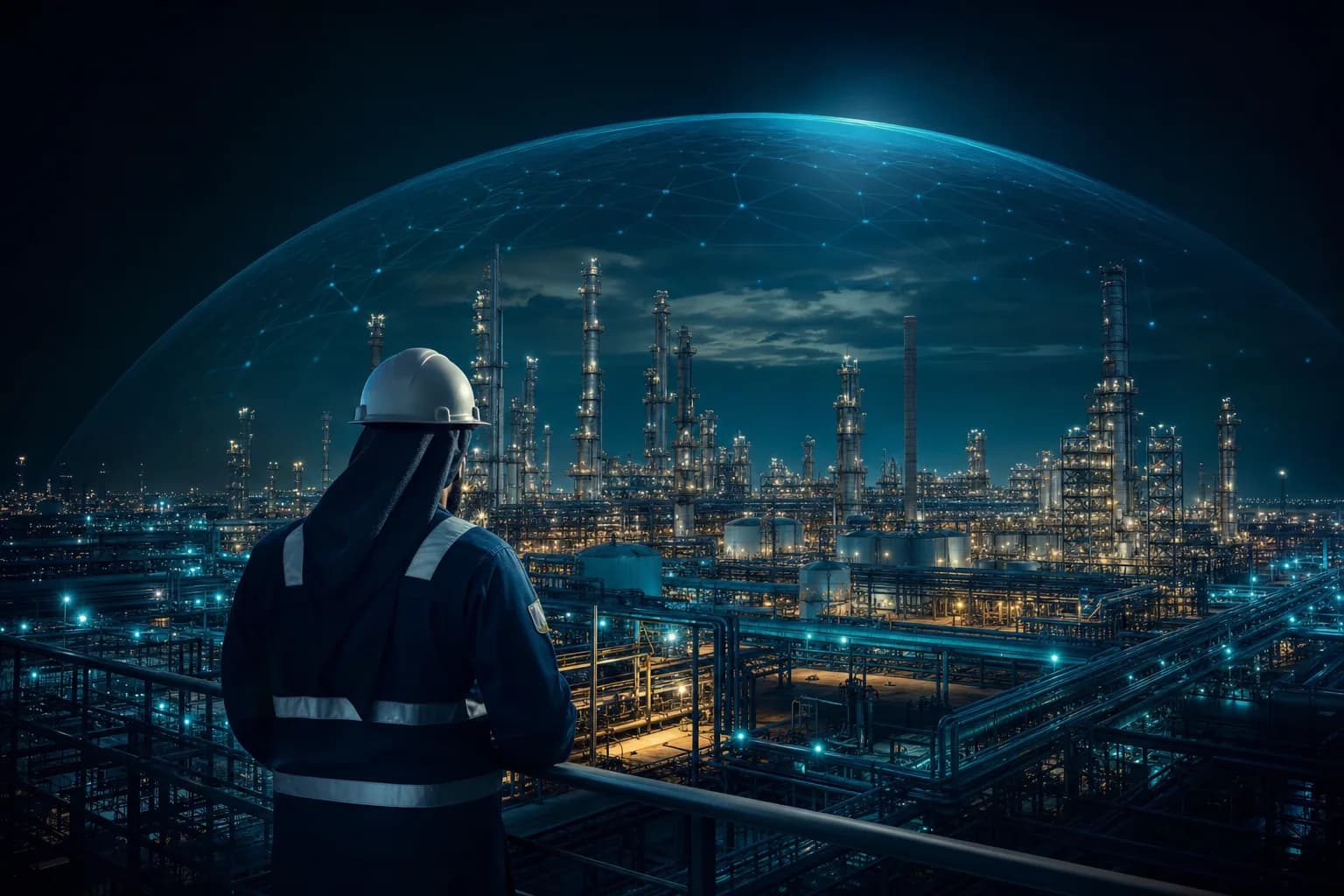 Saudi energy sector refinery at night protected by a cyber security grid for Aramco supplier compliance