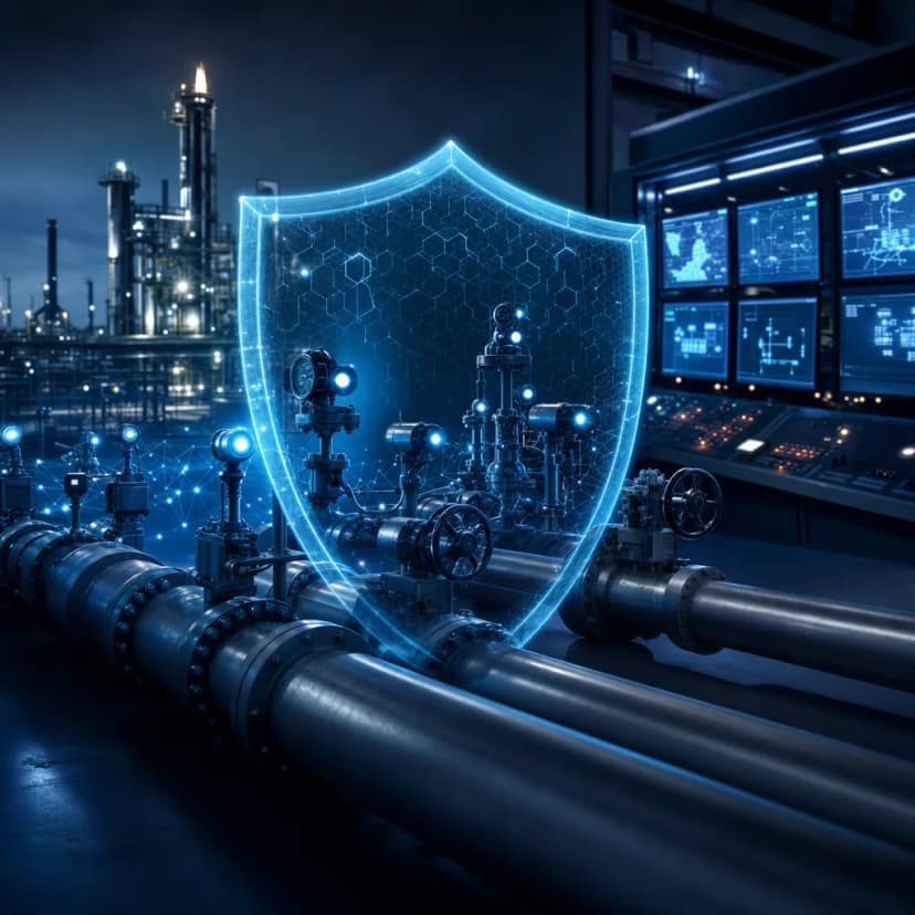 Industrial control systems and pipeline valves guarded by a digital shield illustrating SACS-002 control coverage