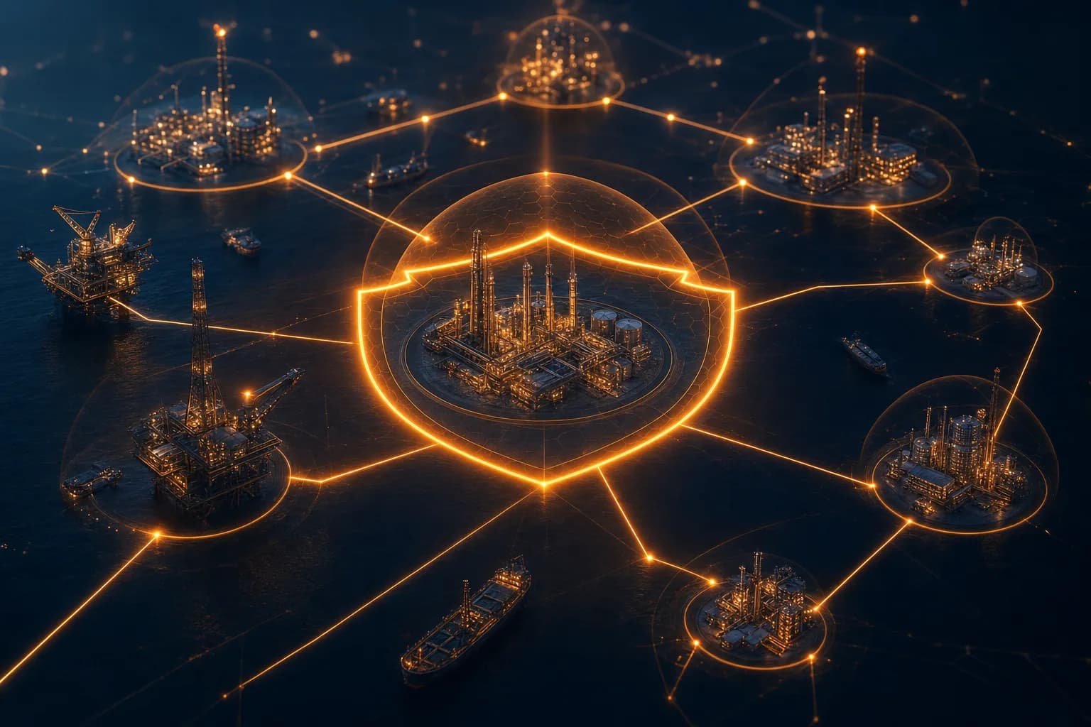 Secure energy sector supply chain connecting oil and gas facilities protected by a cyber security perimeter for Aramco third parties