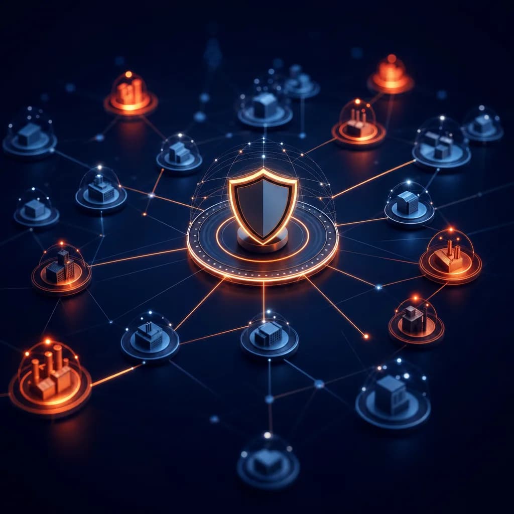 Third-party vendor risk network showing supplier nodes assessed against Aramco SACS-002 requirements