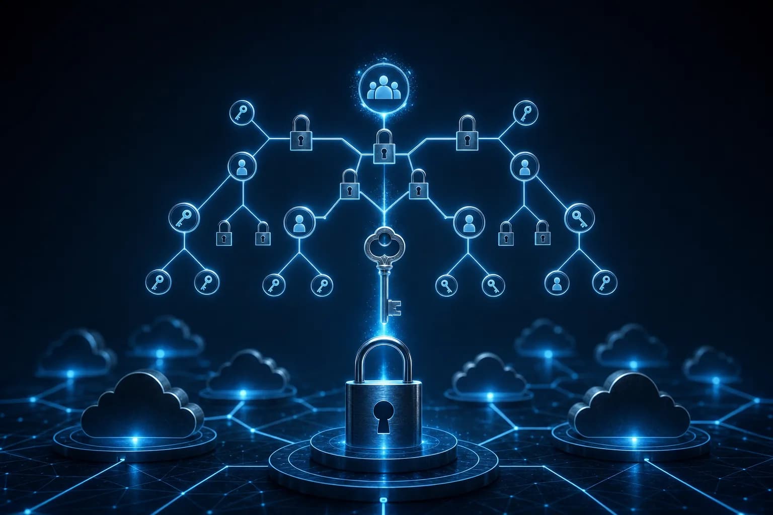 Least-privilege identity and access management hierarchy enforcing scoped roles and permissions across cloud accounts
