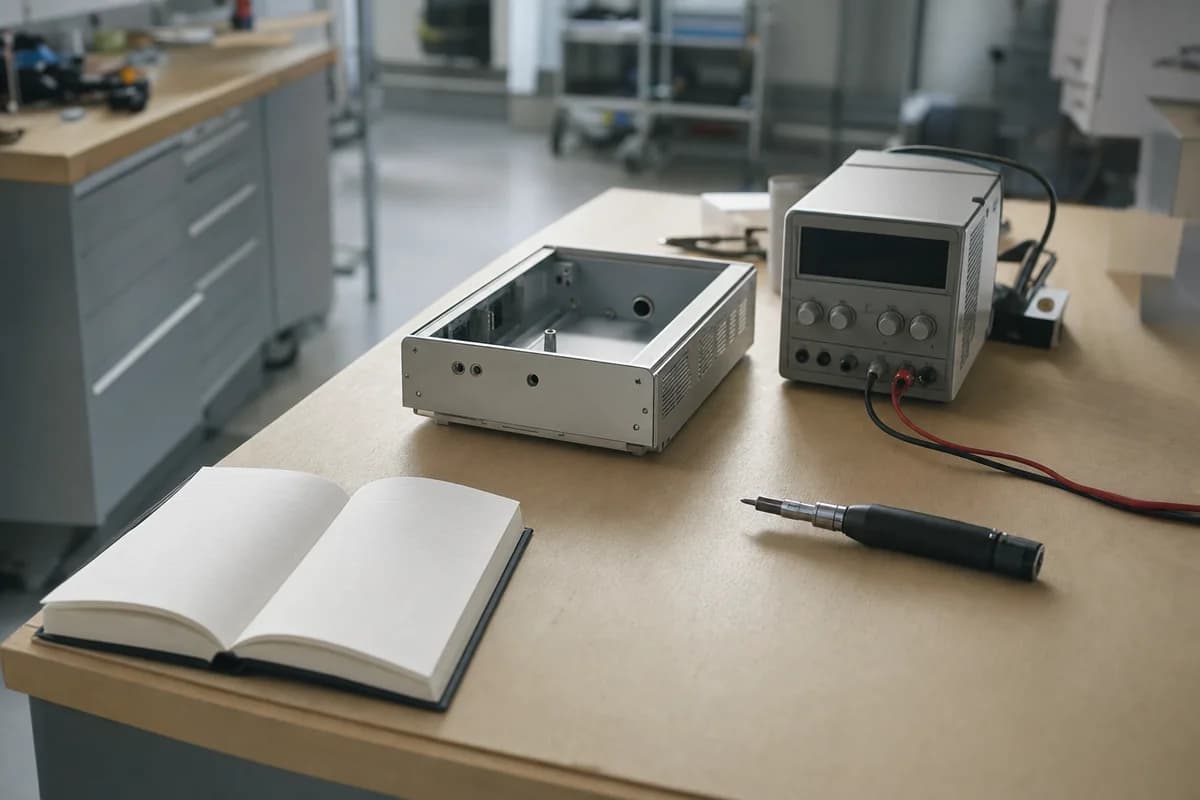 A workbench with a partially assembled electronic product enclosure, a bench power supply and an open logbook