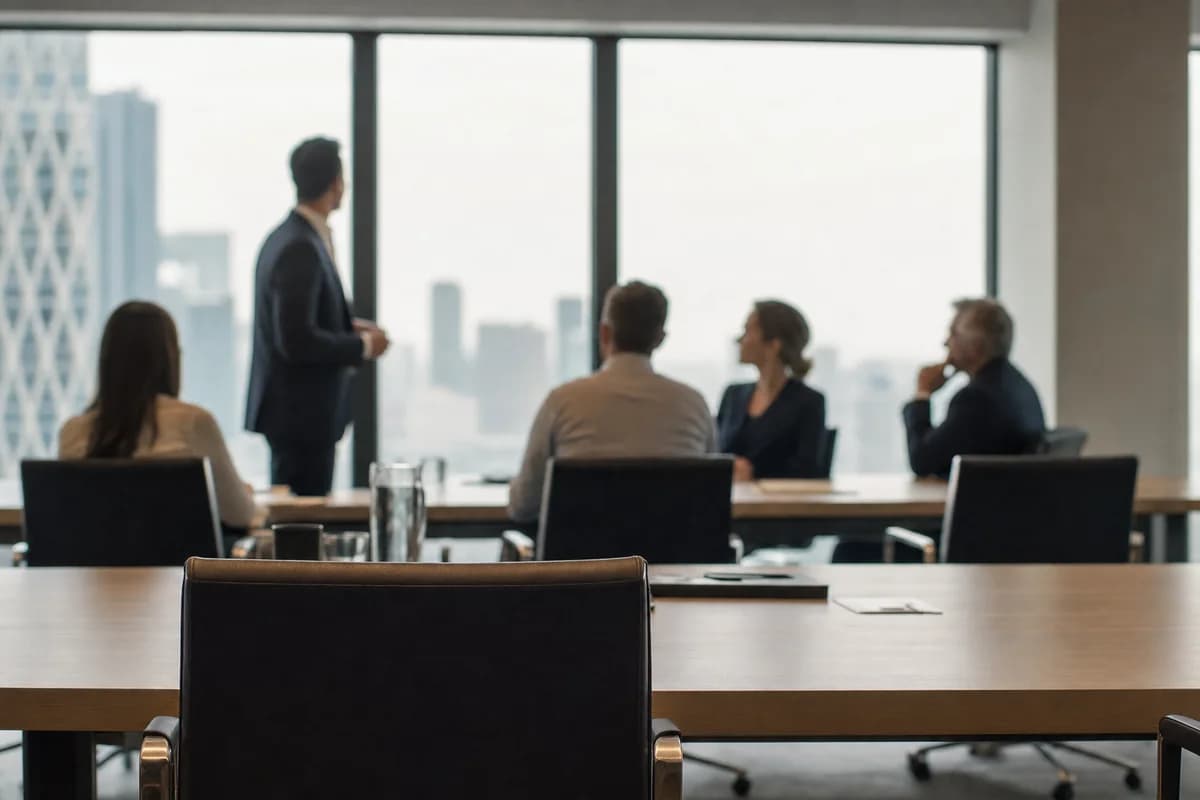 A board meeting in progress, seen from the back of the room