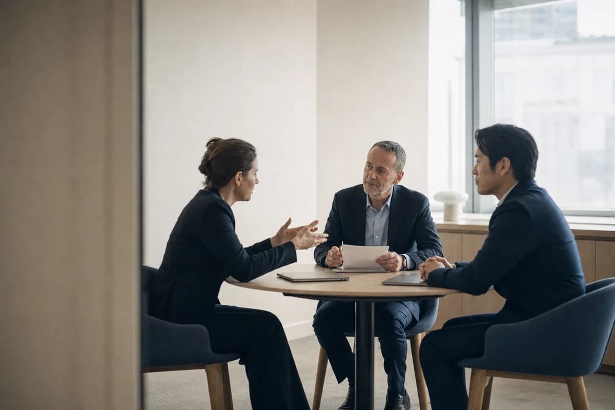 A cybersecurity consultant working through findings with two executives at a meeting table
