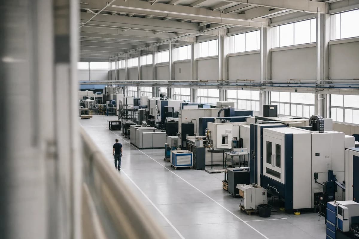 The production floor of a modern light-manufacturing facility seen from a walkway above