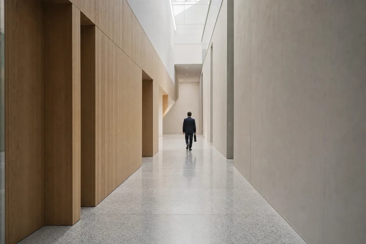 A single consultant walking alone through a quiet modern office corridor carrying a document case