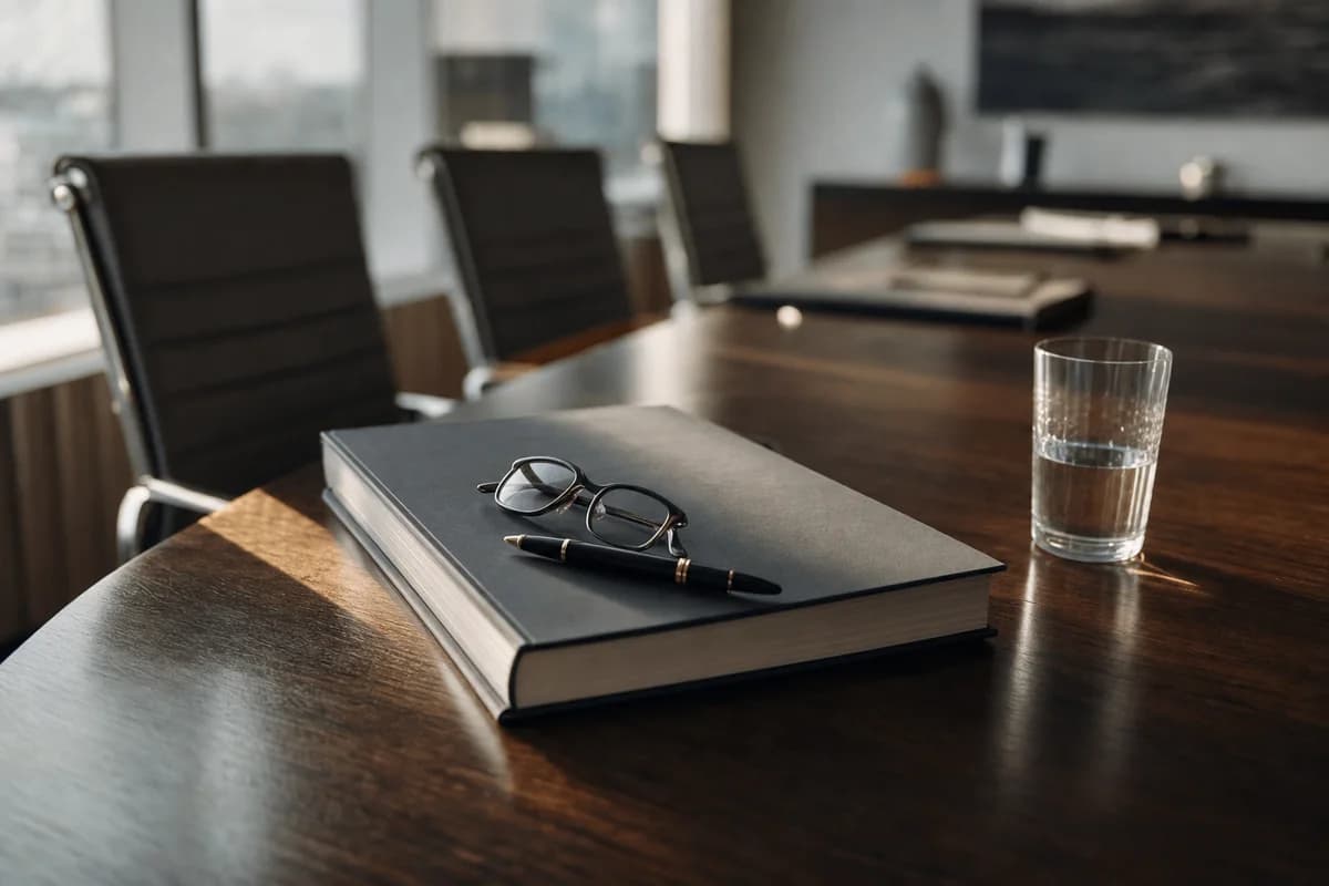 A bound security assessment report closed on a boardroom table with reading glasses resting on it