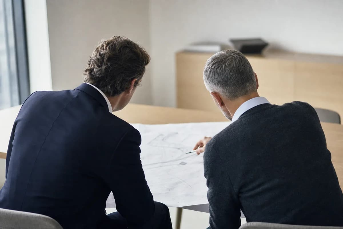 A consultant and a client engineer working through a printed architecture diagram side by side