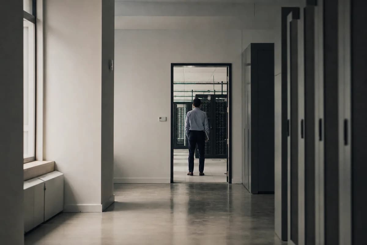 A person with a clipboard standing in the doorway of a server room, seen from down the corridor