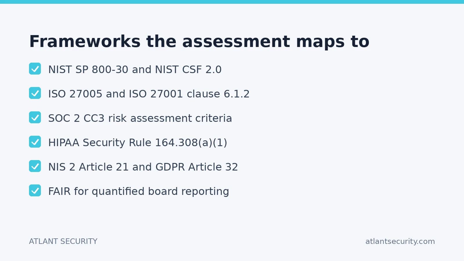 Frameworks the risk assessment maps to: NIST SP 800-30, ISO 27005, SOC 2 CC3, HIPAA, NIS 2, FAIR