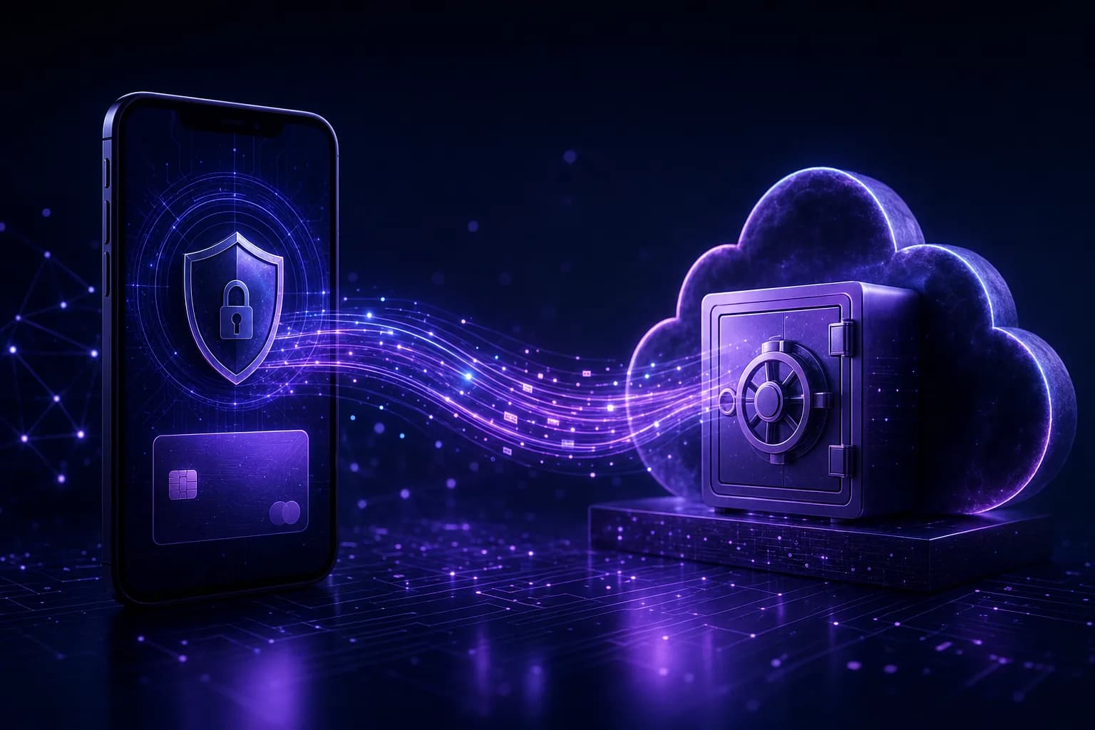 Secure mobile digital wallet with encrypted payment transactions flowing between smartphone and cloud