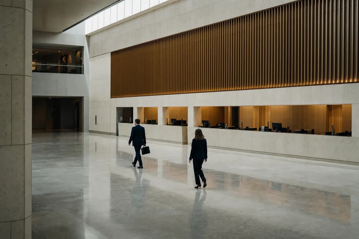 The hall of a modern financial institution photographed as architecture