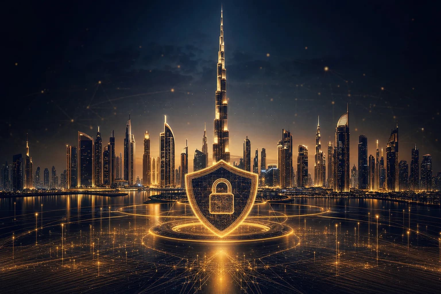 Dubai skyline of light representing a secure smart city protected under the DESC Information Security Regulation
