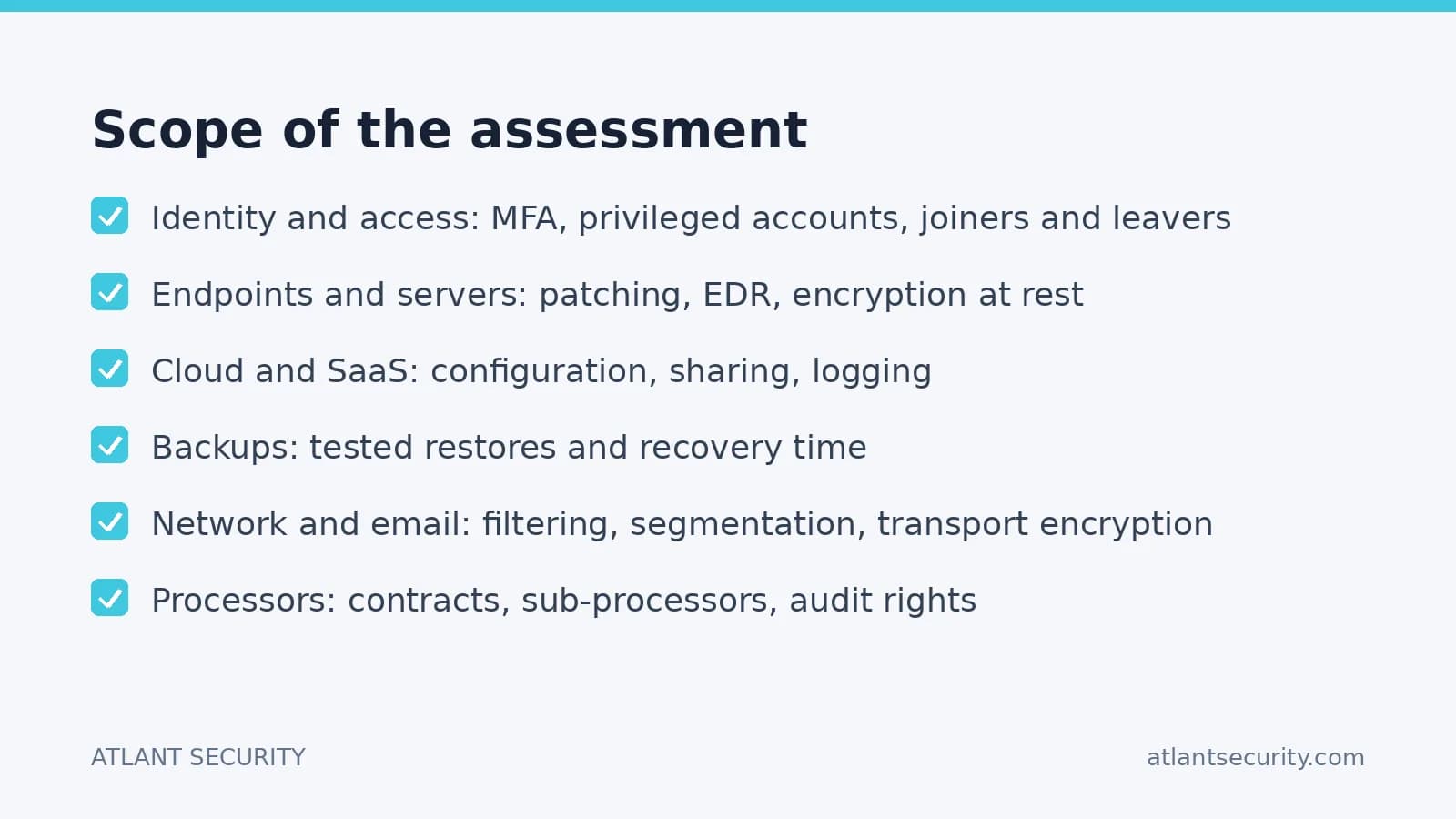 Scope of the GDPR Article 32 security assessment across identity, endpoints, cloud, backups, network and processors