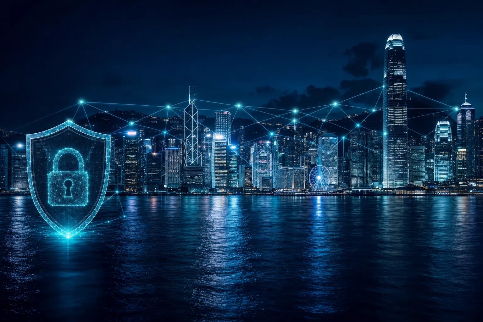 Hong Kong Victoria Harbour skyline of light representing HKMA-supervised banks building cyber resilience