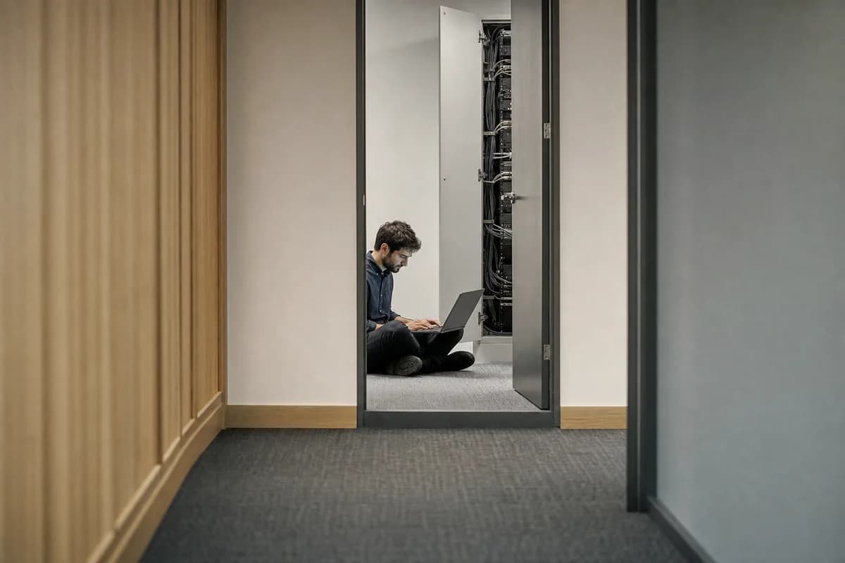 An engineer working from a laptop on the floor beside an open comms cabinet