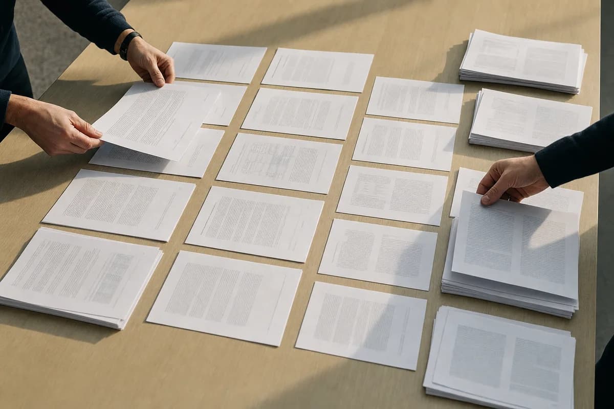 Printed report pages laid out across a table and sorted into piles