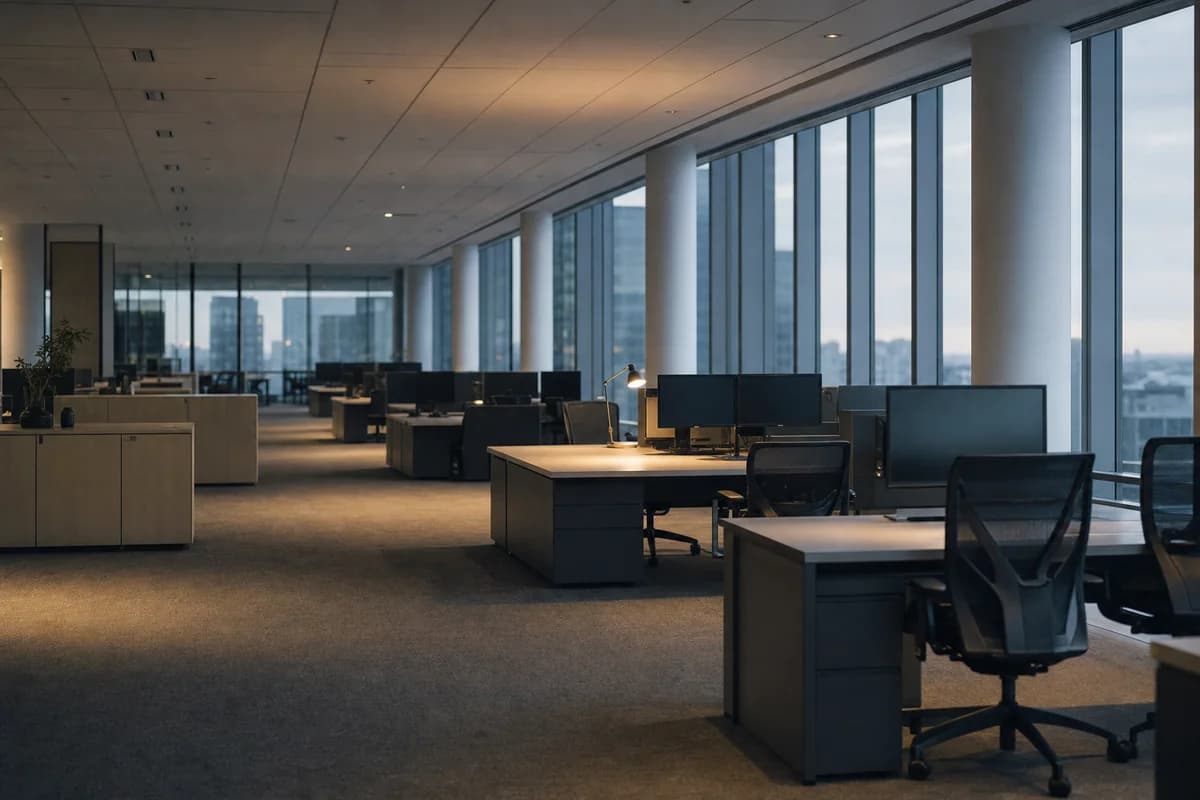 An empty open-plan office floor at first light with one desk lamp still on