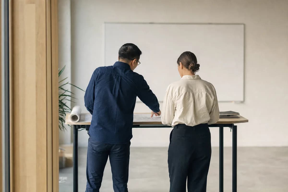 Two engineers working side by side at a standing desk closing findings