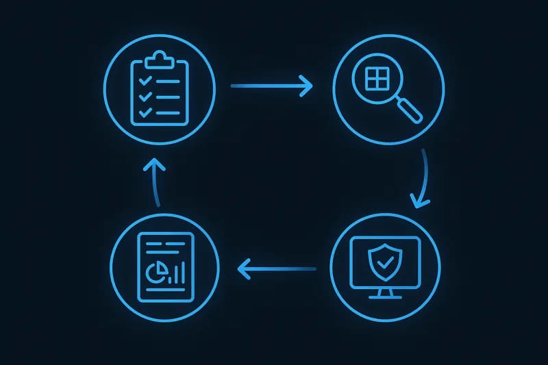 IT security audit methodology steps - planning, scanning, testing, analysis, reporting as connected workflow nodes