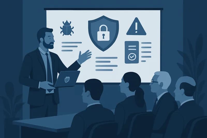IT security auditor presenting findings to a corporate board in a modern boardroom