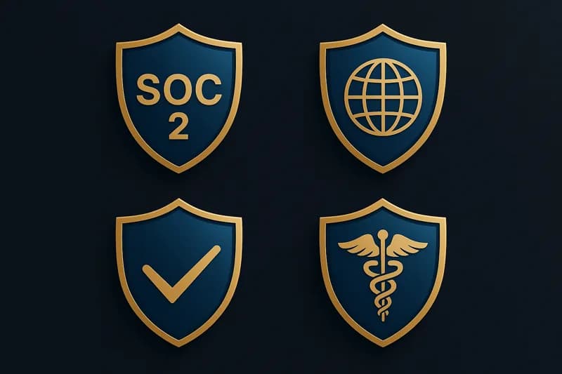 Security compliance certifications and audit badges including SOC 2, ISO 27001, NIST, and HIPAA shields