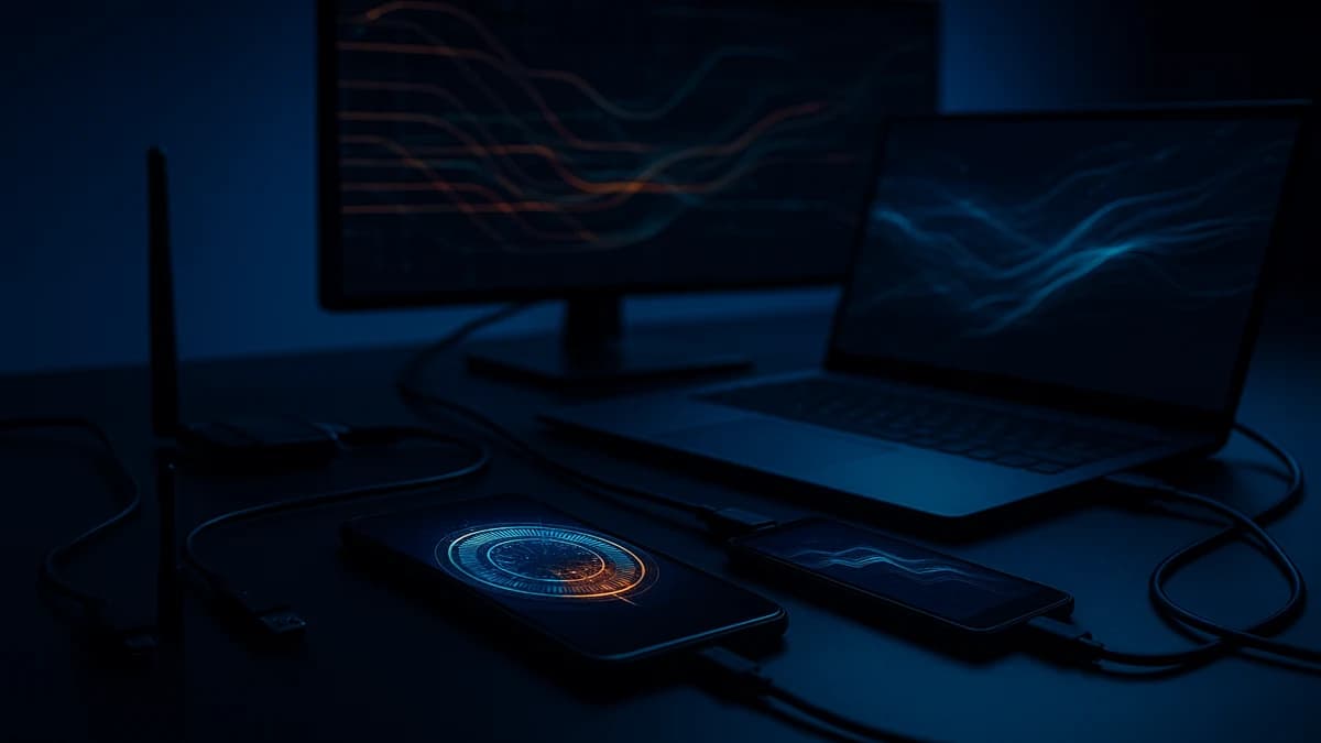 Mobile security testing lab with smartphones, laptop and specialized hardware for penetration testing