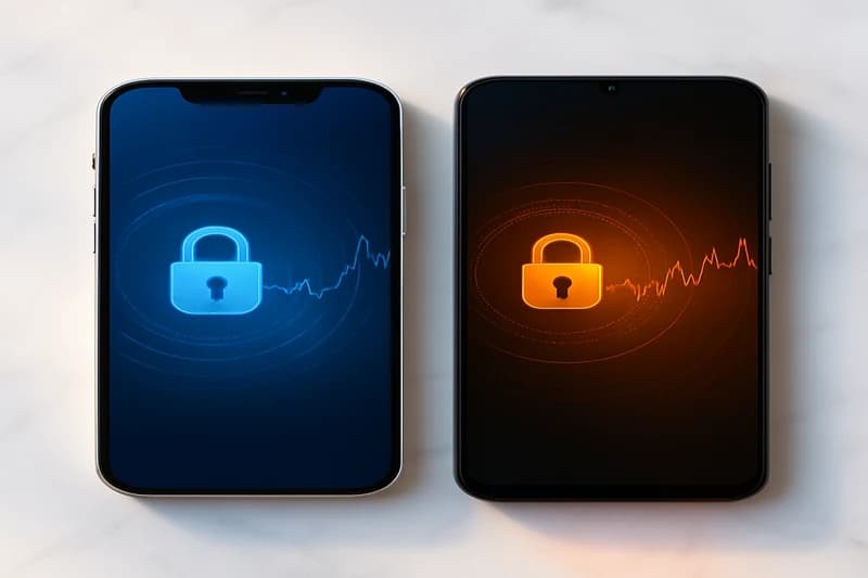 iOS and Android smartphones showing abstract security analysis visualizations for mobile penetration testing