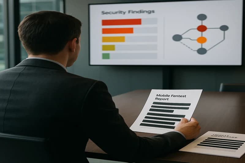 Mobile pentest report delivery in a conference room showing security findings dashboard
