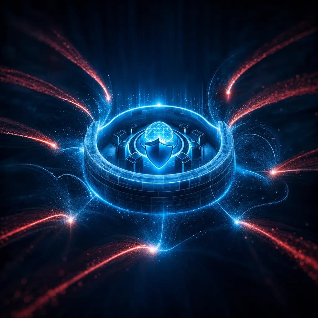 NCA ECC network defense perimeter deflecting cyber threats around a protected core