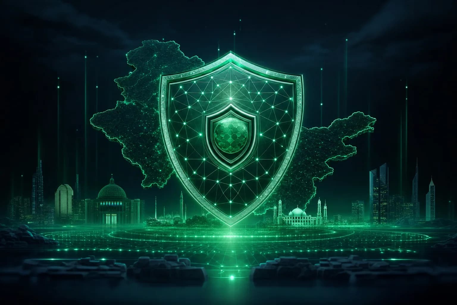 National cybersecurity shield representing Saudi Arabia NCA Essential Cybersecurity Controls protecting the nation