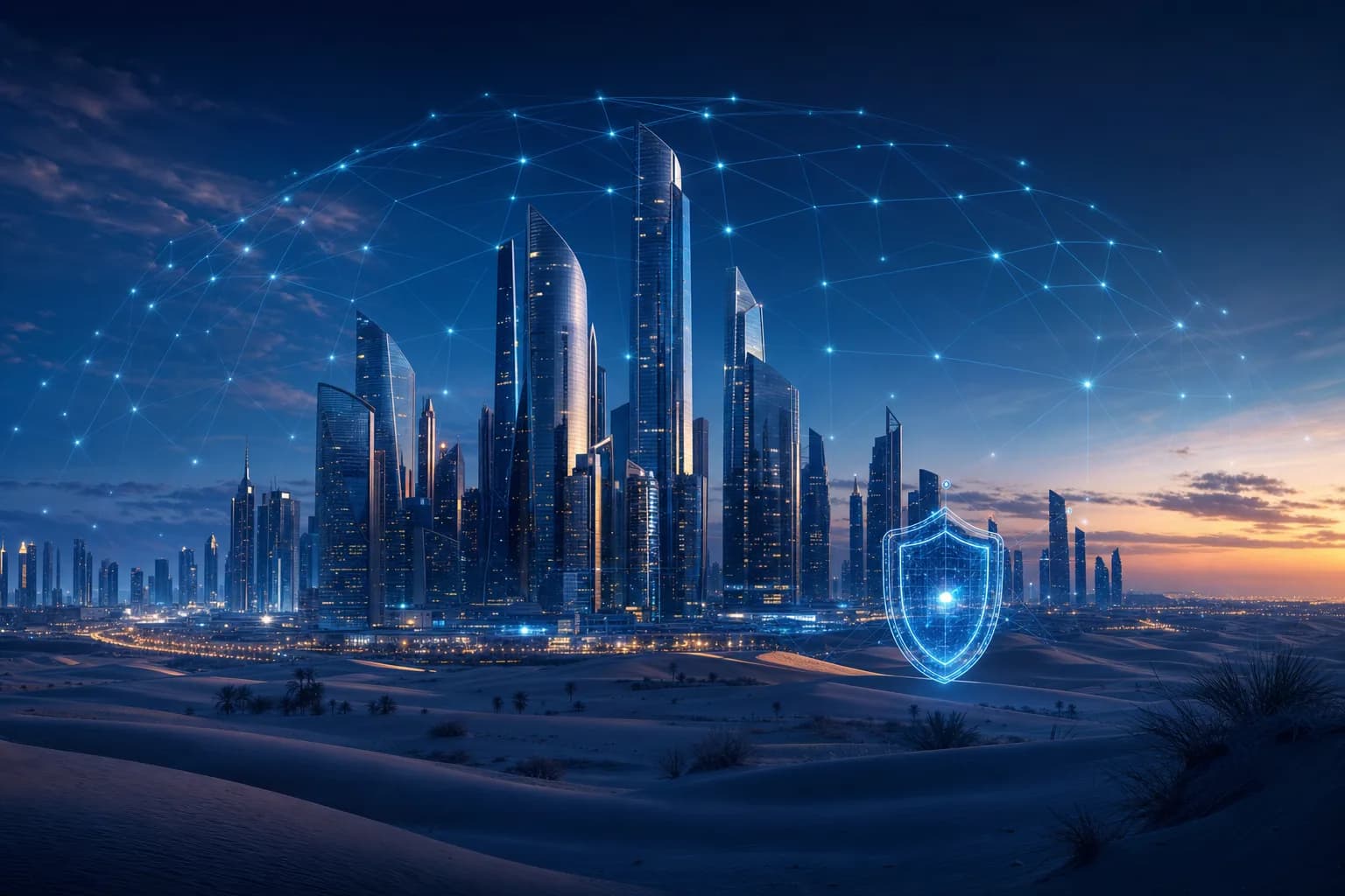Futuristic UAE Gulf skyline representing national information assurance across all seven emirates