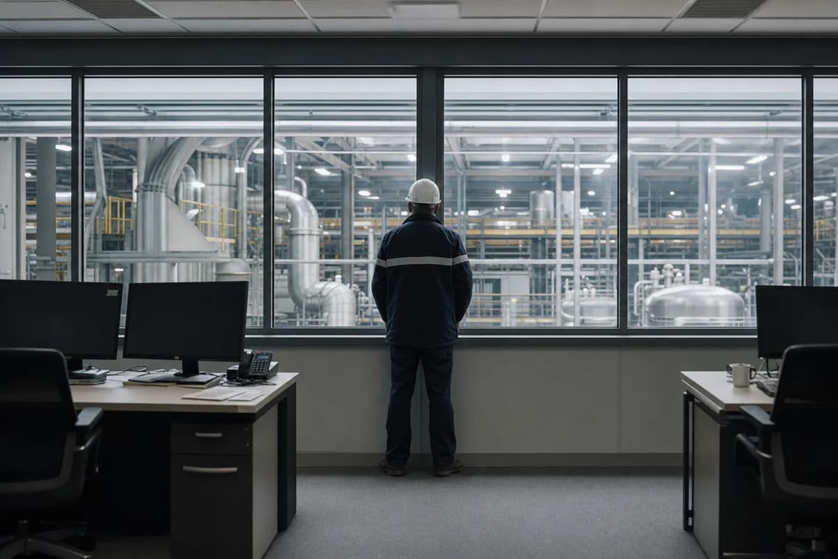 A plant control room with operator desks and an engineer at the window overlooking the process floor