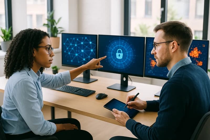 Penetration testing team analyzing discovered vulnerabilities and attack chains