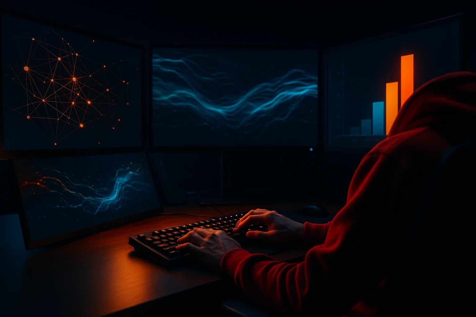Cybersecurity professional workstation with multiple monitors displaying offensive security visualizations in a dark environment