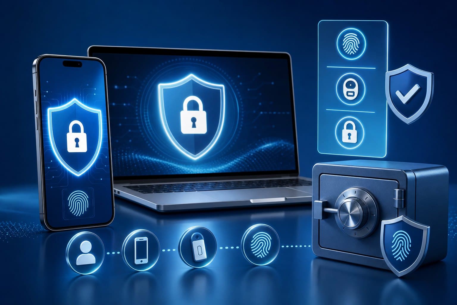 Personal cybersecurity consultant hardening a smartphone and laptop with MFA and a password vault