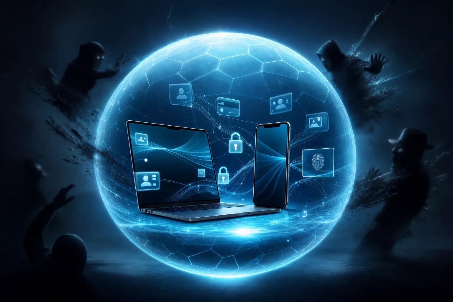 Personal cybersecurity consultant shielding an individual's phone and laptop from hackers, stalkers, and identity theft