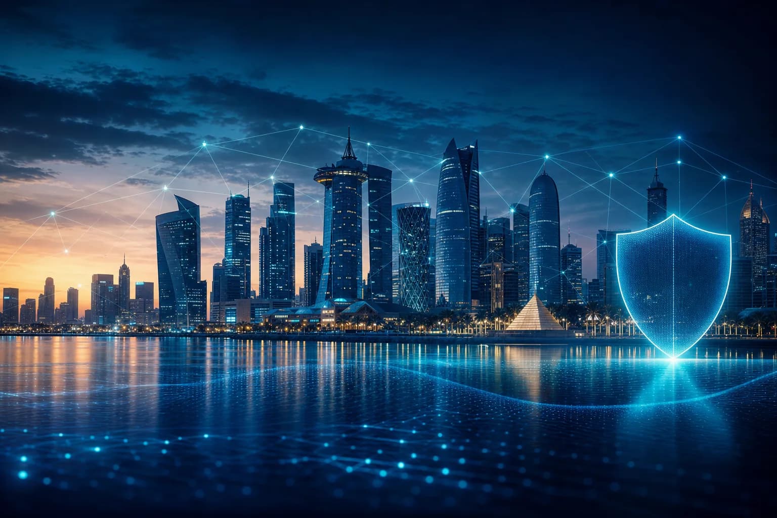 Modern Doha waterfront skyline representing Qatar national information assurance across government and critical sectors