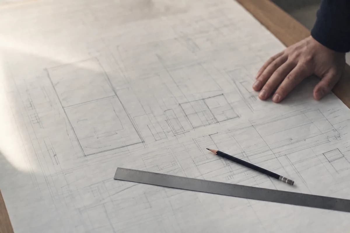A printed system architecture drawing spread flat on a desk with a pencil and steel ruler