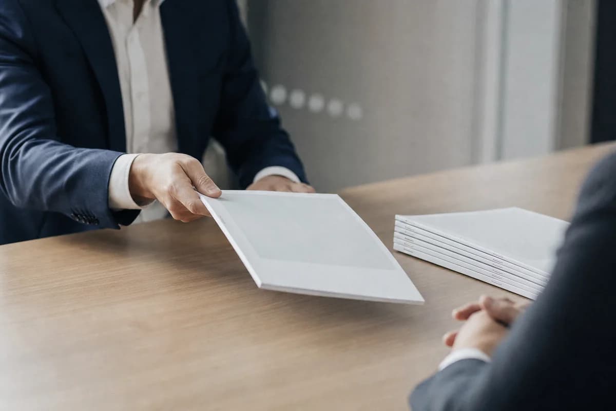 A stapled report being slid across a meeting table toward another person