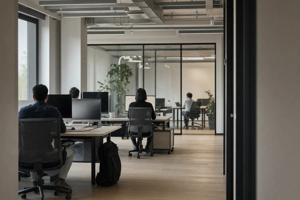 A small software company office with four engineers at work behind a glass-walled meeting room