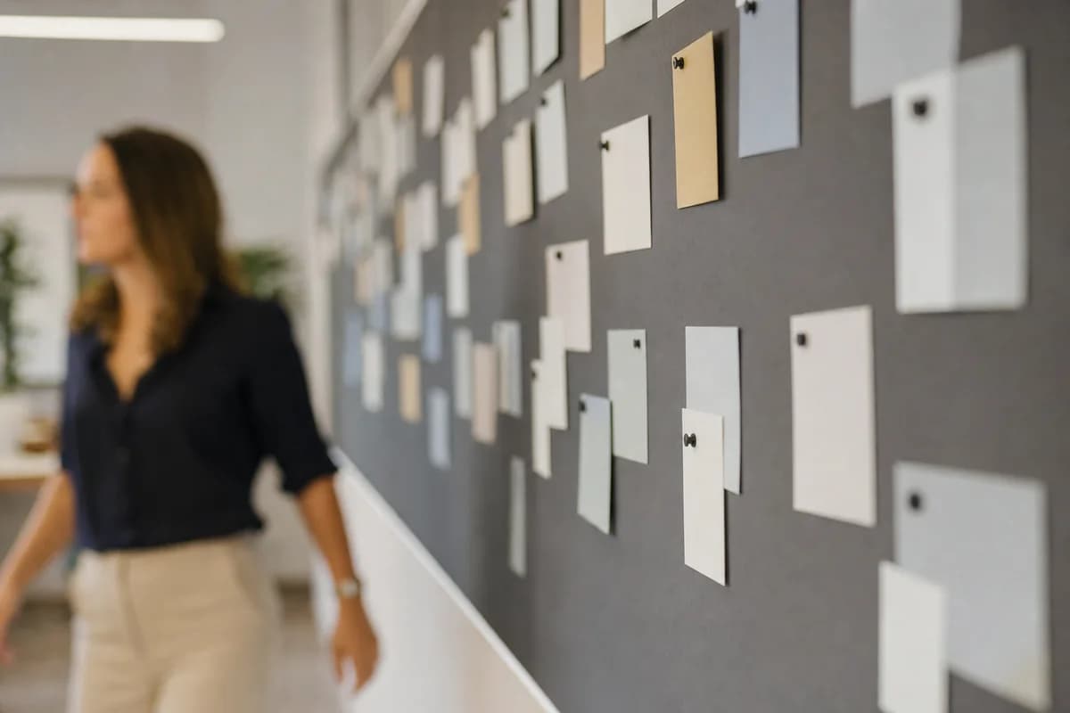 A planning board on an office wall with a person walking past