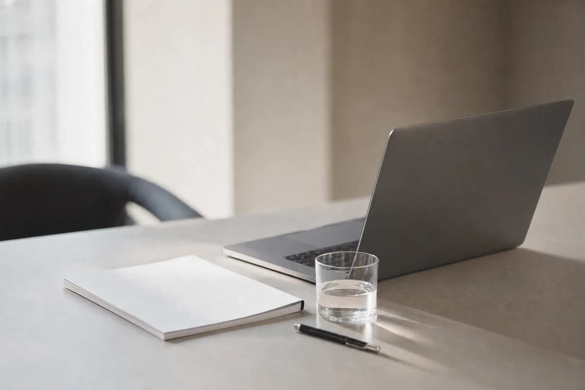 A laptop and a stapled printed test plan on a plain desk in morning light