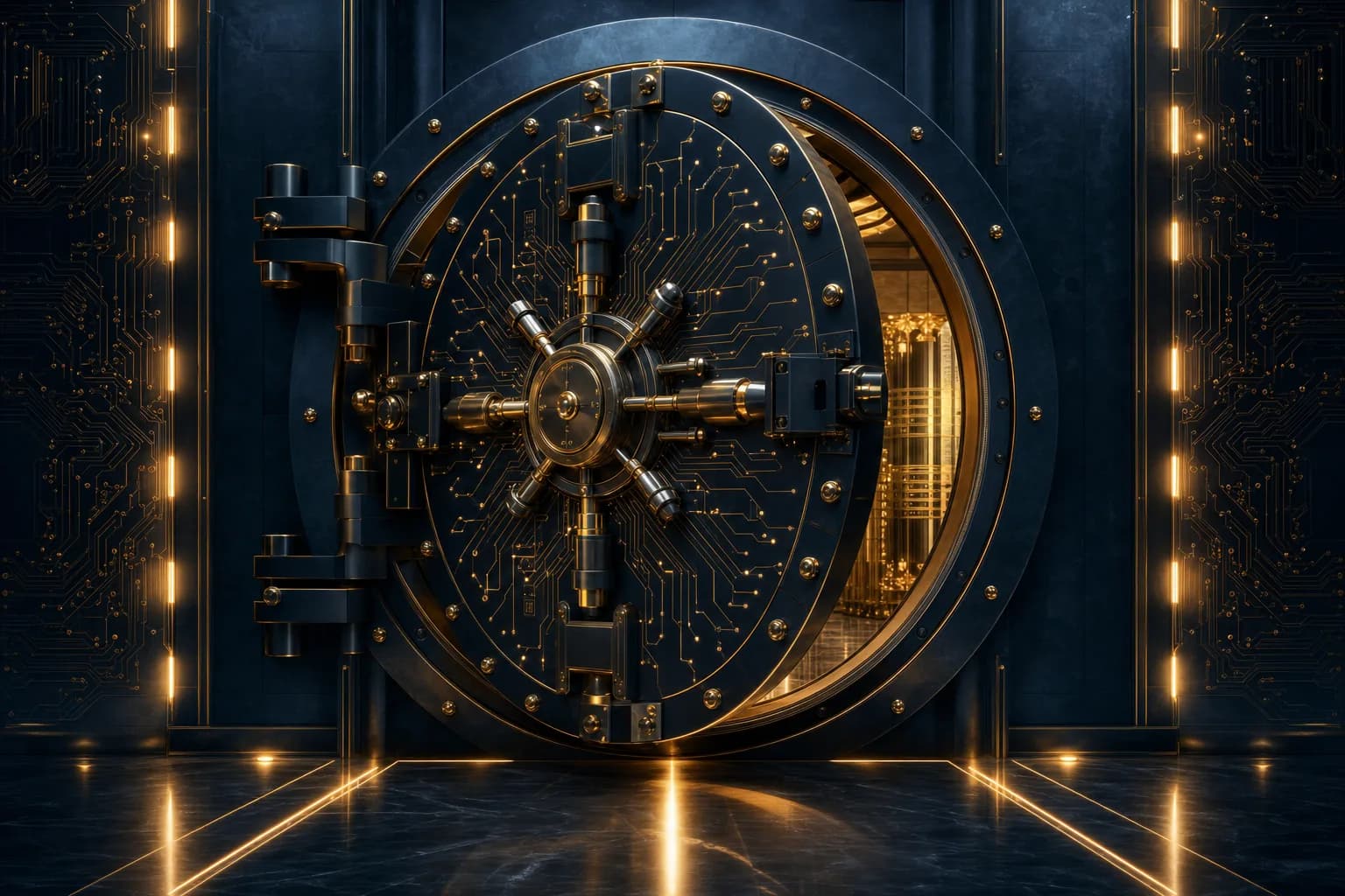 Banking-grade security vault representing SAMA CSF financial-sector cyber security controls in Saudi Arabia