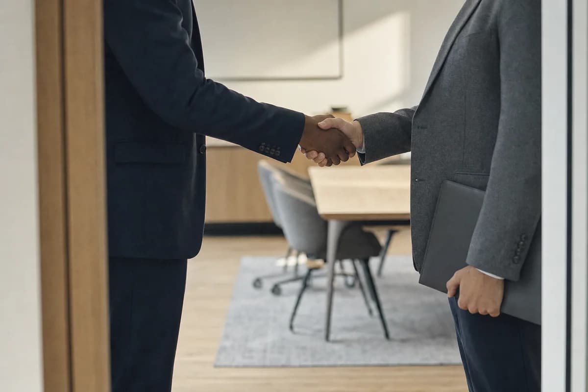 Two people shaking hands in a meeting room doorway, one carrying a document case